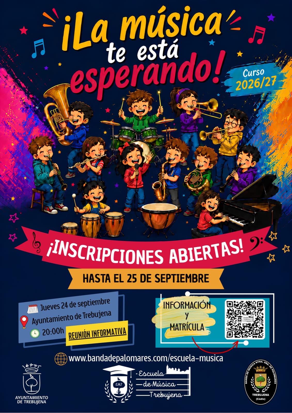 Cartel de la Escuela de Música de Trebujena, curso 2026/27: inscripciones abiertas hasta el 25 de septiembre